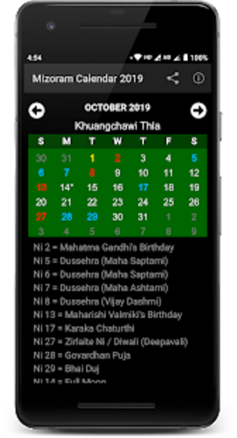 Mizoram Calendar 2021