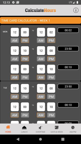 Time Card Calculator w Hours  Minutes- Timeclock
