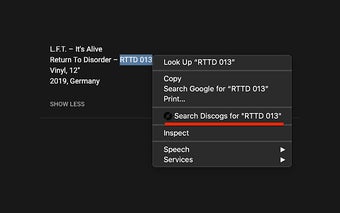 Search Discogs for selected text
