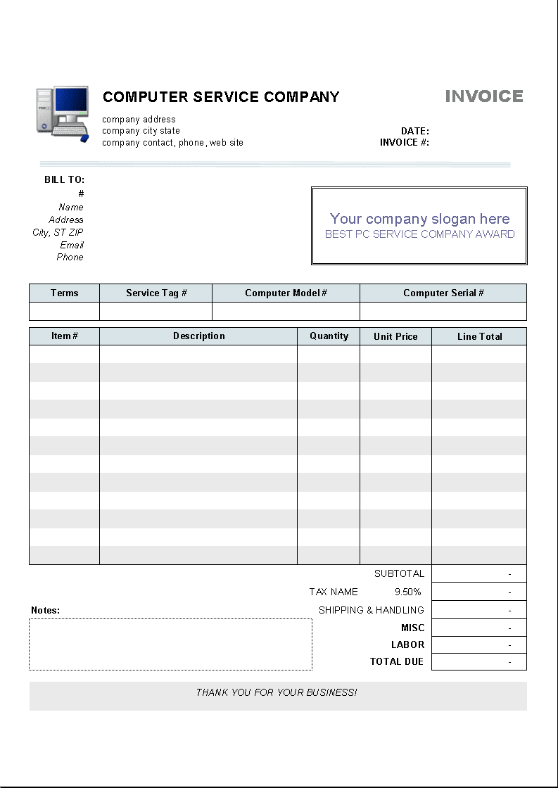 Computer Service Invoice Template - Download
