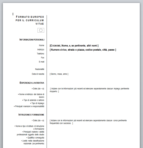 curriculum vitae europeo da compilare screenshot